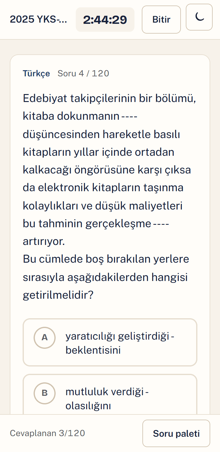 Telefonda deneme çözme ekranı