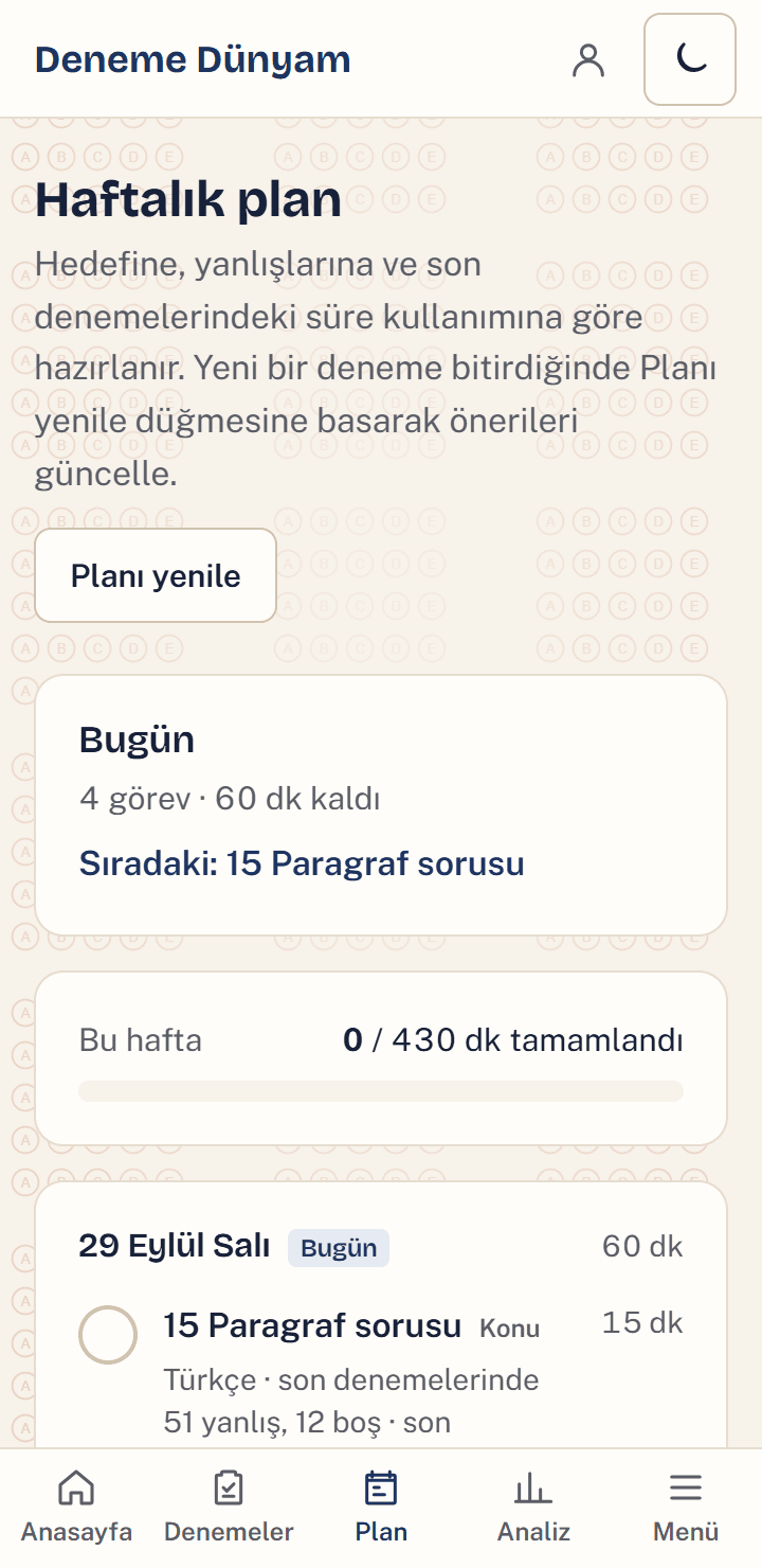Telefonda haftalık plan ekranı