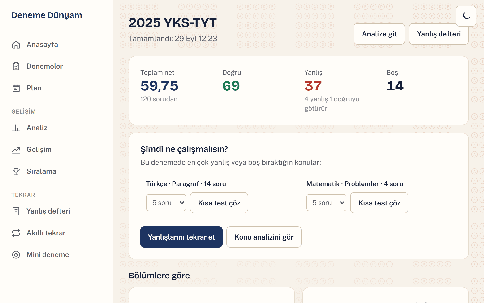 Sonuç ekranı (örnek öğrenci hesabı)