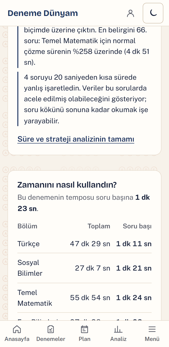 Telefonda süre analizi ekranı